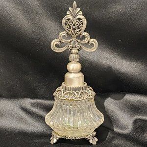 Vintage Clear Glass Perfume Bottle with Pewter Heart Crown Top Dauber